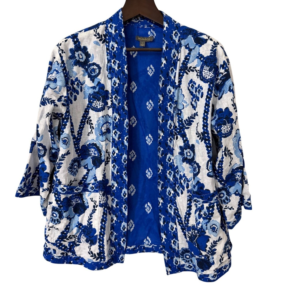 Style&Co Reversible Blue White Floral Linen Blend Open Front‎ Cardigan Medium